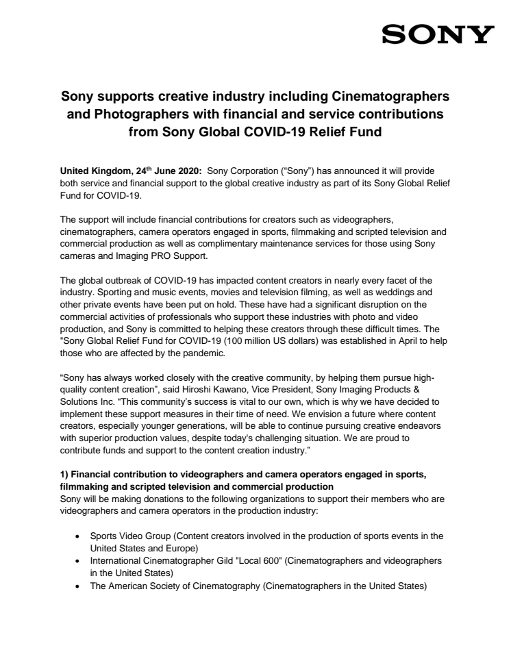 Sony supports creative industry including Cinematographers and Photographers with financial and service contributions from Sony Global COVID-19 Relief Fund