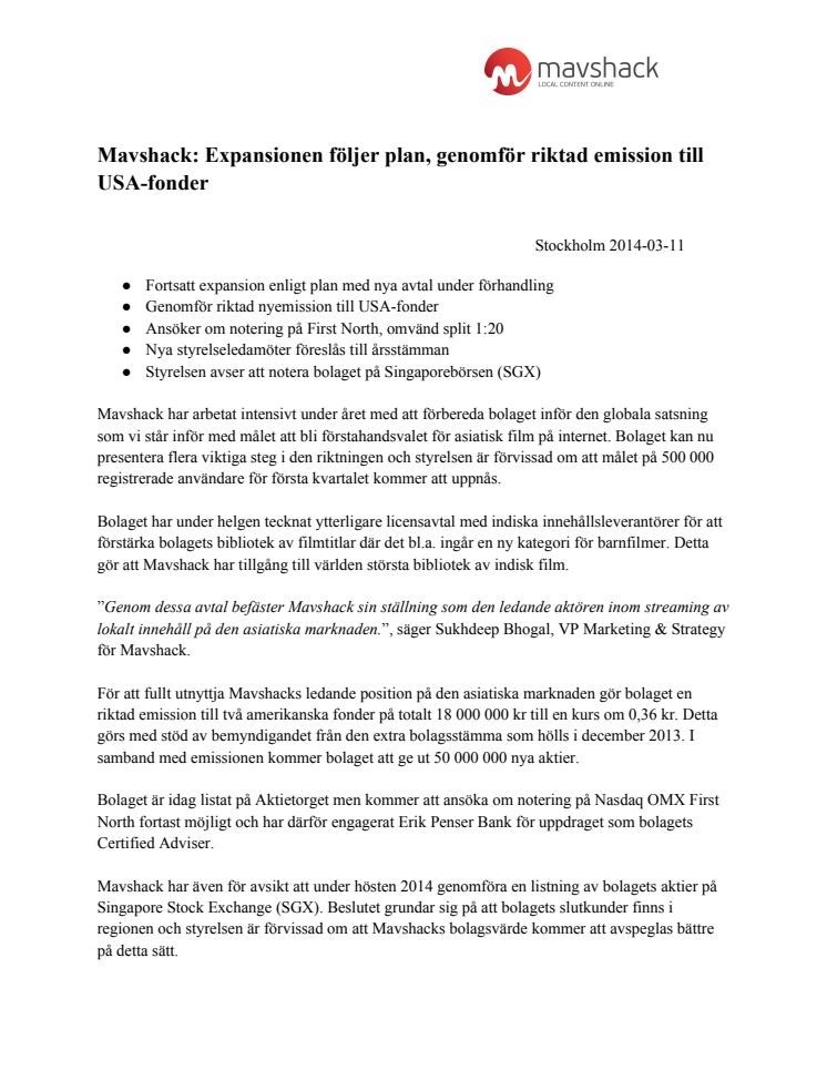 Mavshack: Expansionen följer plan, genomför riktad emission till USA-fonder