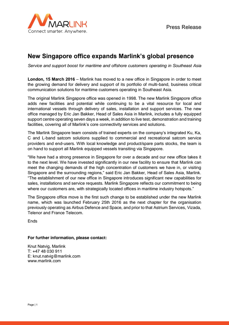 Marlink: New Singapore Office Expands Marlink's Global Presence