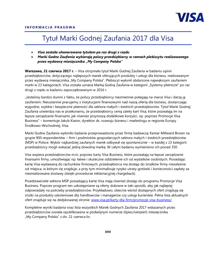 Tytuł Marki Godnej Zaufania 2017 dla Visa
