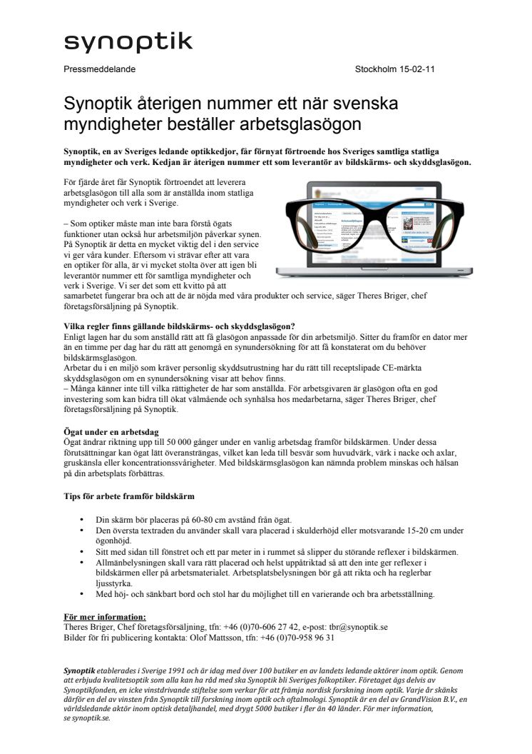 Synoptik återigen nummer ett när svenska myndigheter beställer arbetsglasögon 