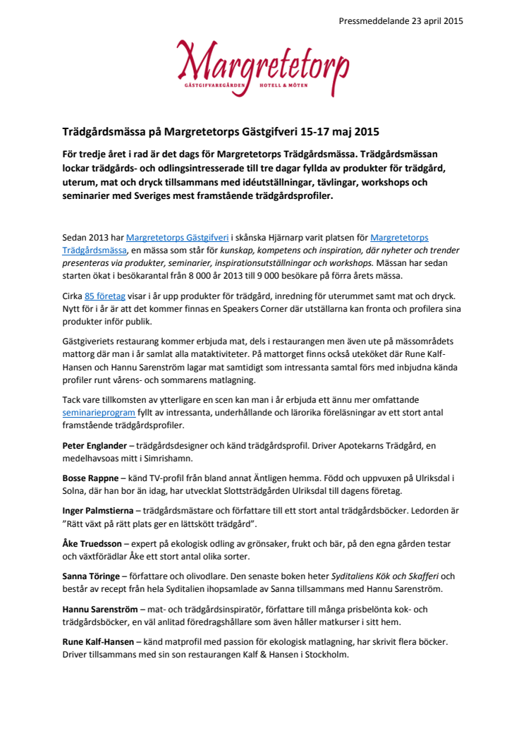 Trädgårdsmässa på Margretetorps Gästgifveri 15-17 maj 2015