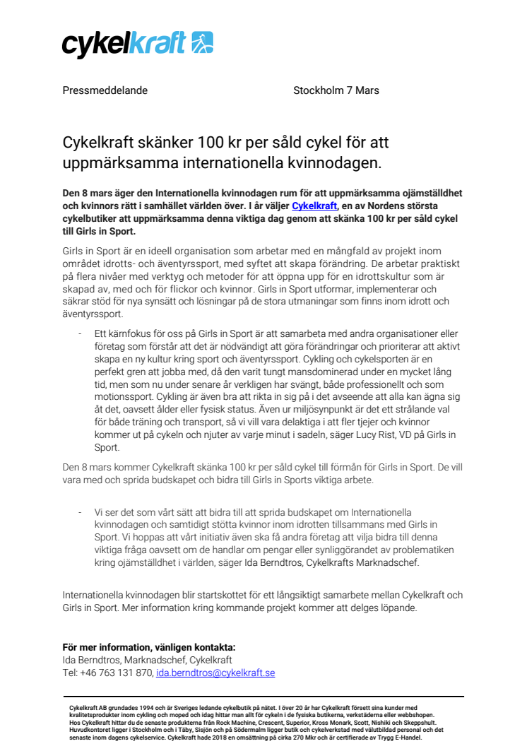 Cykelkraft skänker 100 kr per såld cykel för att uppmärksamma internationella kvinnodagen.