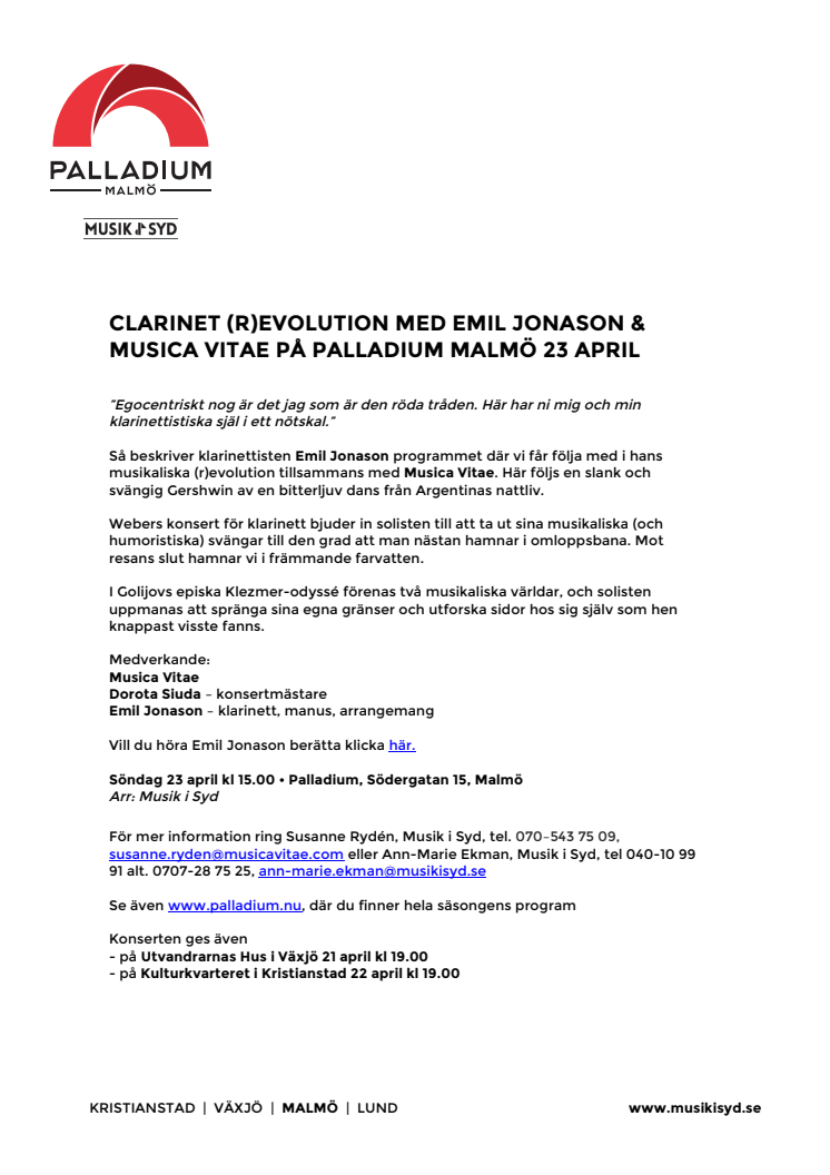 Clarinet (R)evolution med Emil Jonason & Musica Vitae på Palladium Malmö 23 april