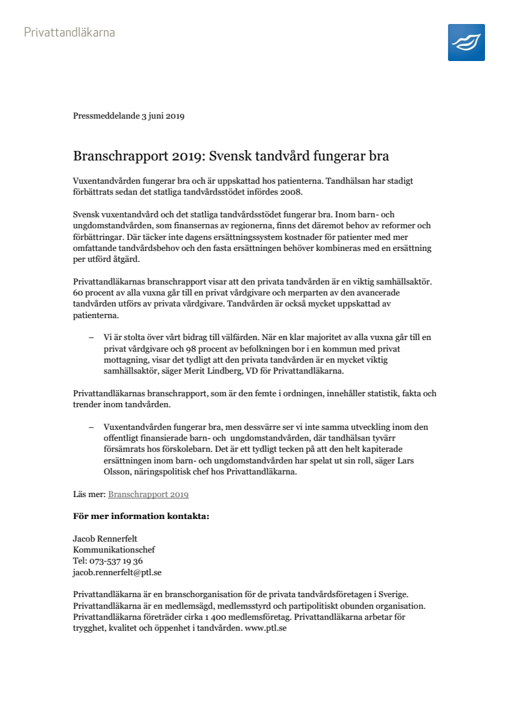 Branschrapport 2019: Svensk tandvård fungerar bra