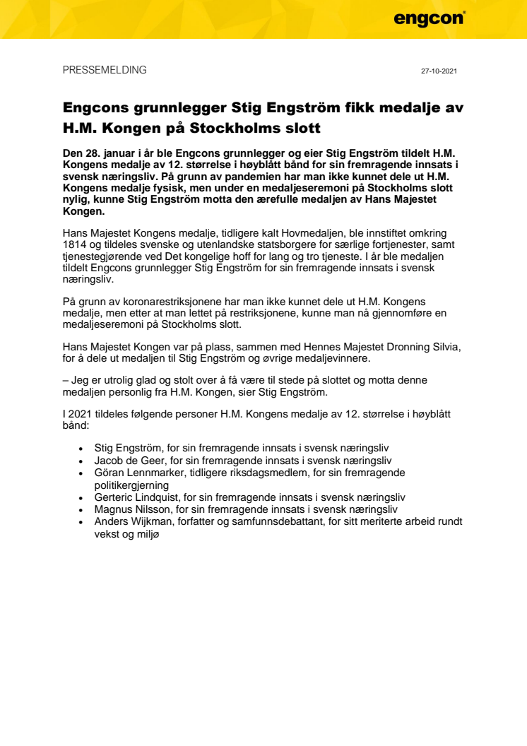 271021_Press_Engcons grunnlegger Stig Engström fikk medalje av H.M. Kongen på Stockholms slott