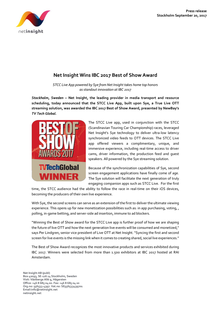 Net Insight Wins IBC 2017 Best of Show Award
