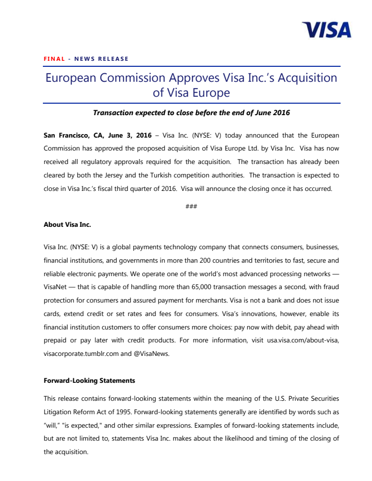 European Commission Approves Visa Inc.’s Acquisition of Visa Europe