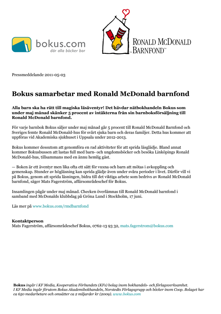 Bokus samarbetar med Ronald McDonald barnfond