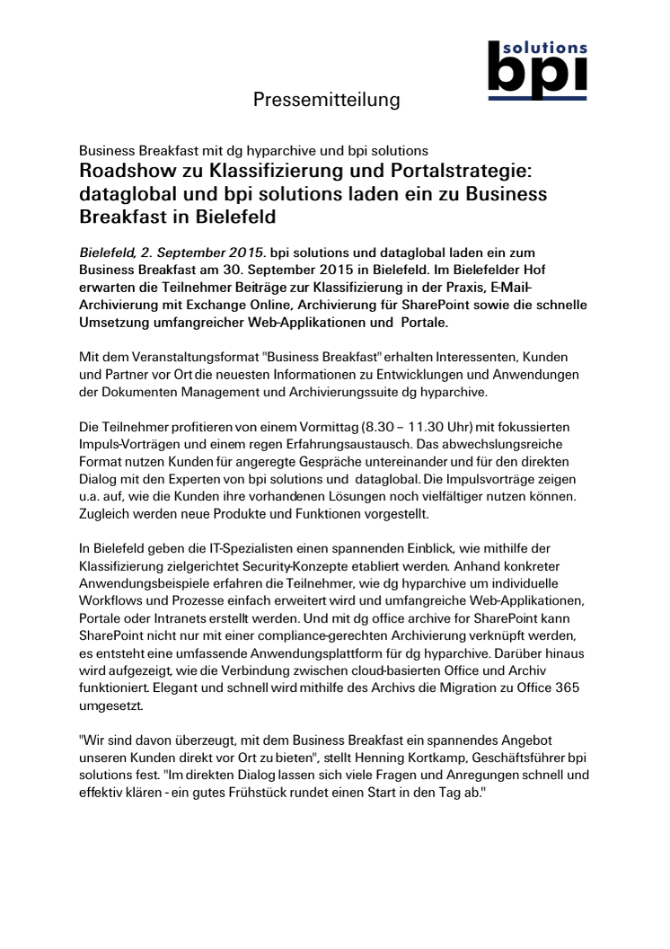Roadshow zu Klassifizierung und Portalstrategie: dataglobal und bpi solutions laden ein zu Business Breakfast in Bielefeld