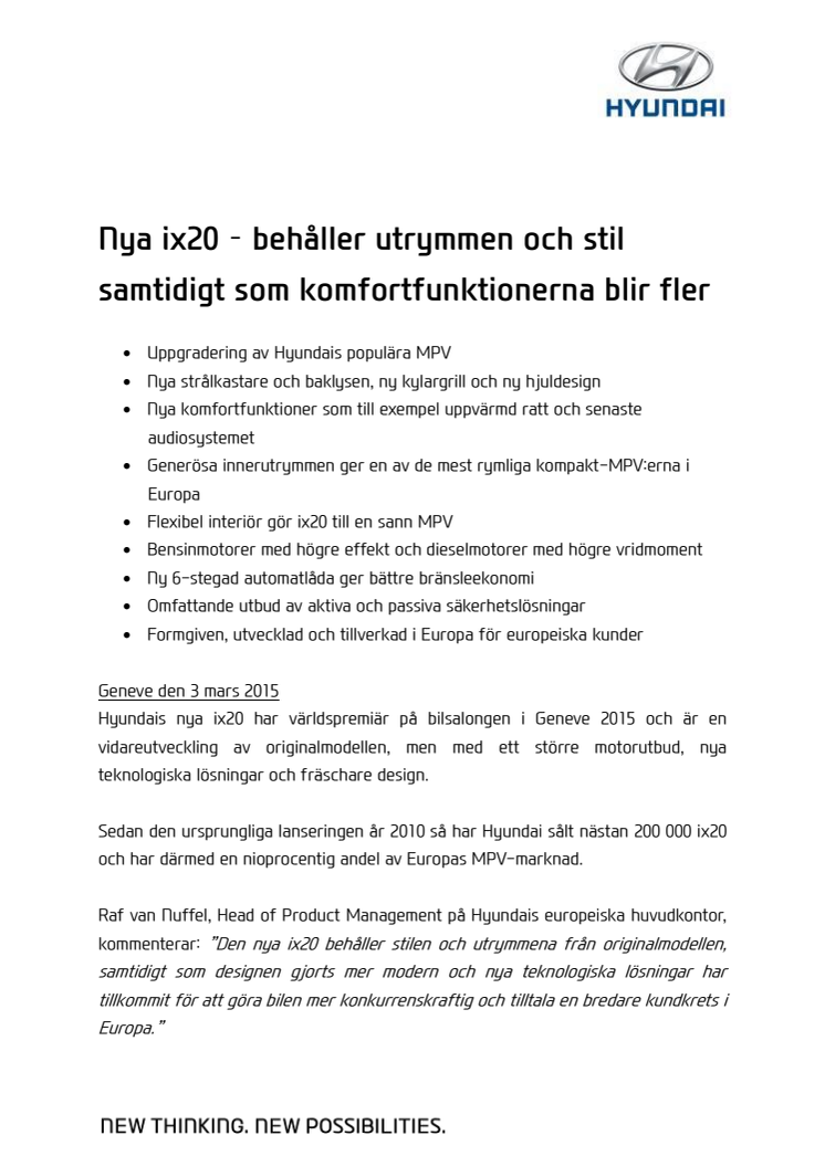 Nya ix20 – behåller utrymmen och stil samtidigt som komfortfunktionerna blir fler