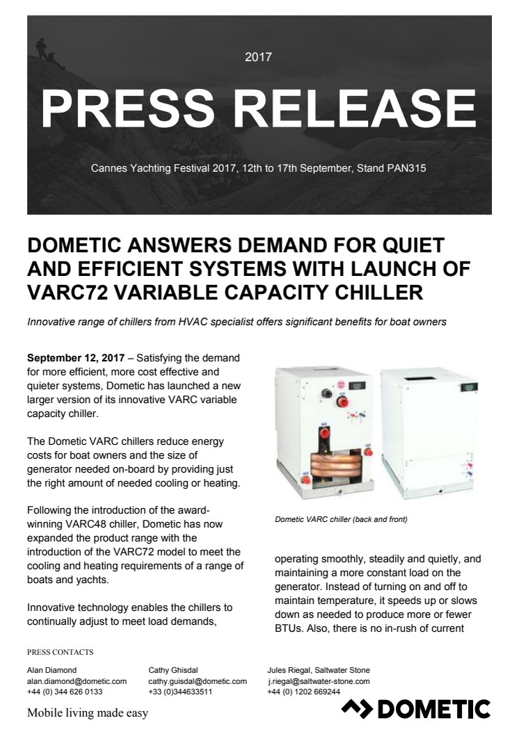 Dometic Answers Demand for Quiet and Efficient Systems with Launch of VARC72 Variable Capacity Chiller