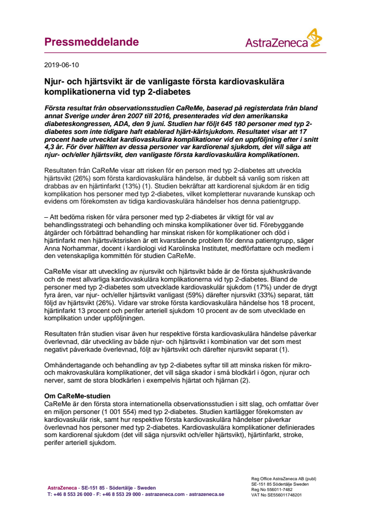 Njur- och hjärtsvikt är de vanligaste första kardiovaskulära komplikationerna vid typ 2-diabetes 