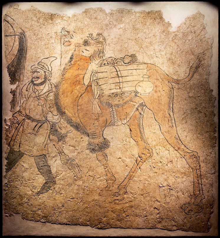 Fragment av gravmålning av man och kamel