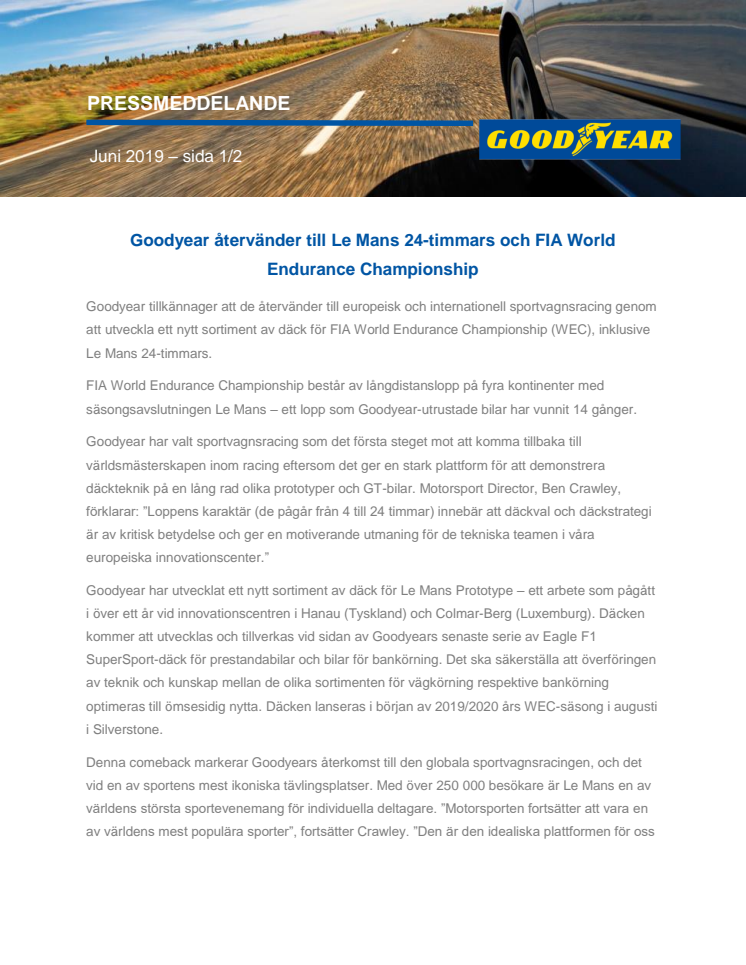 Goodyear återvänder till Le Mans 24-timmars och FIA World Endurance Championship