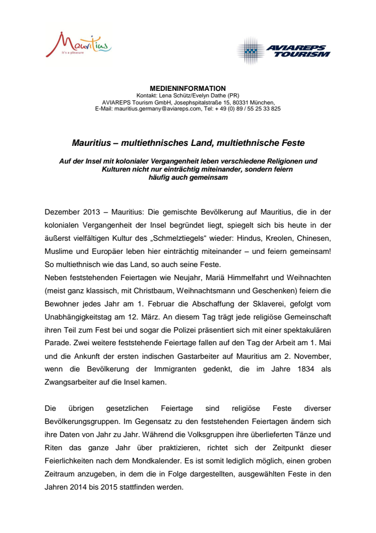 Mauritius – multiethnisches Land, multiethnische Feste