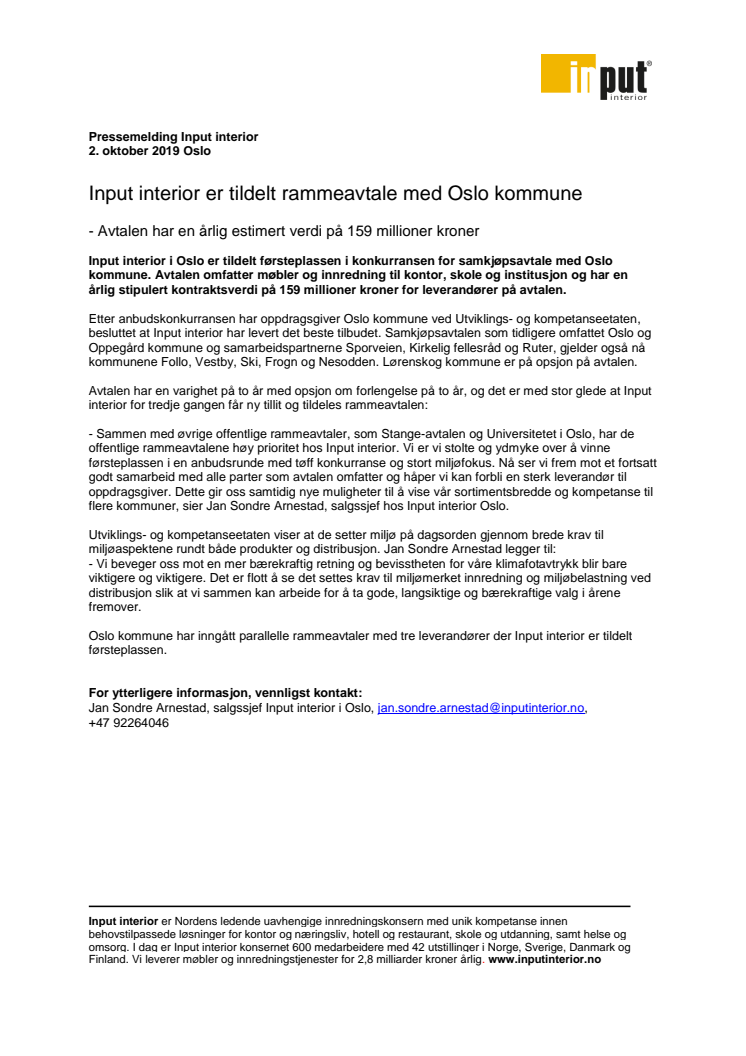 Input interior er tildelt rammeavtale med Oslo kommune