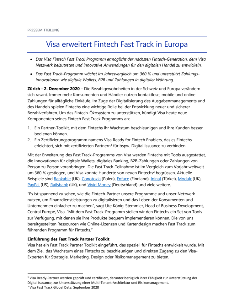 Visa erweitert Fintech Fast Track in Europa
