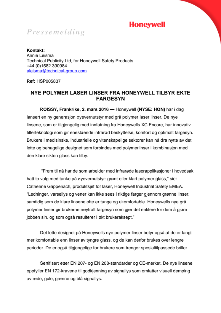  Nye polymer laser linser fra Honeywell tilbyr ekte fargesyn