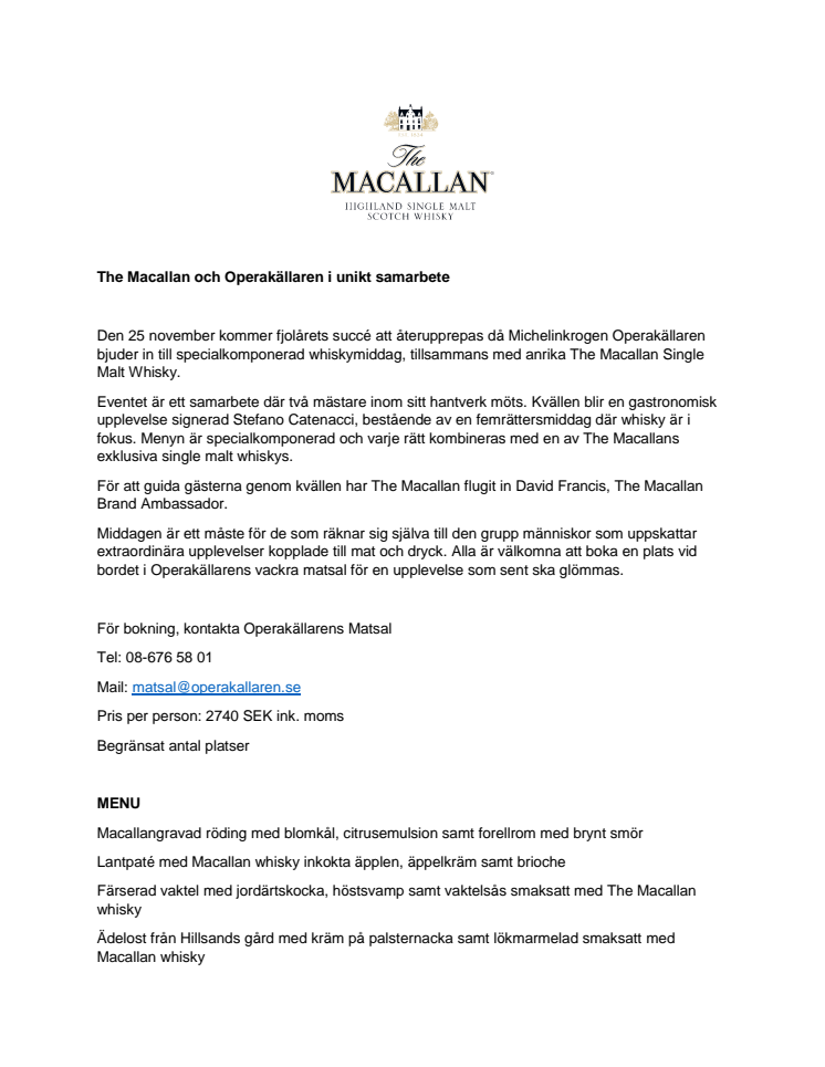 The Macallan och Operakällaren i unikt samarbete