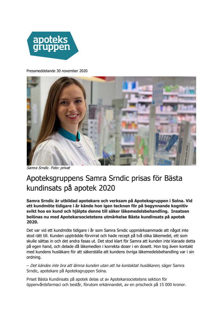 Apoteksgruppens Samra Srndic prisas för Bästa kundinsats på apotek 2020
