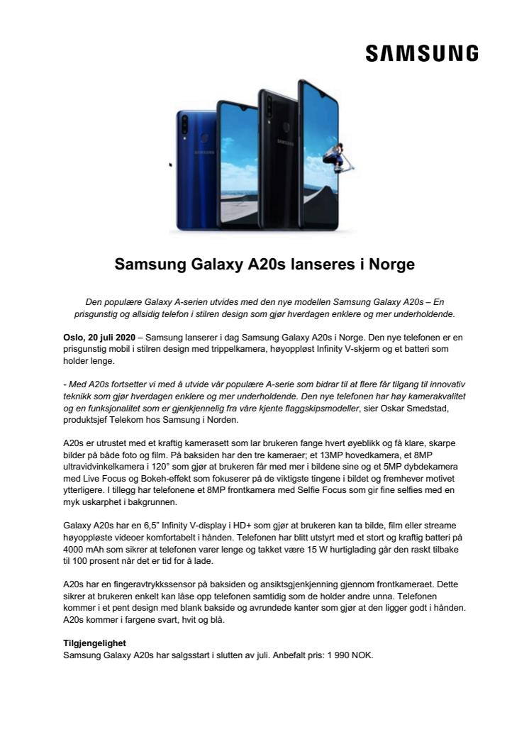 Samsung Galaxy A20s lanseres i Norge