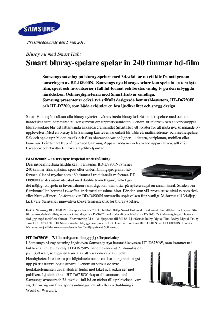 Smart bluray-spelare spelar in 240 timmar hd-film