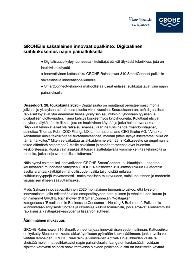 GROHElle saksalainen innovaatiopalkinto: Digitaalinen suihkukokemus napin painalluksella