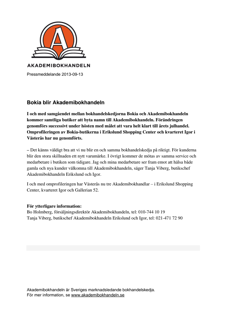 Bokia i Västerås blir Akademibokhandeln 