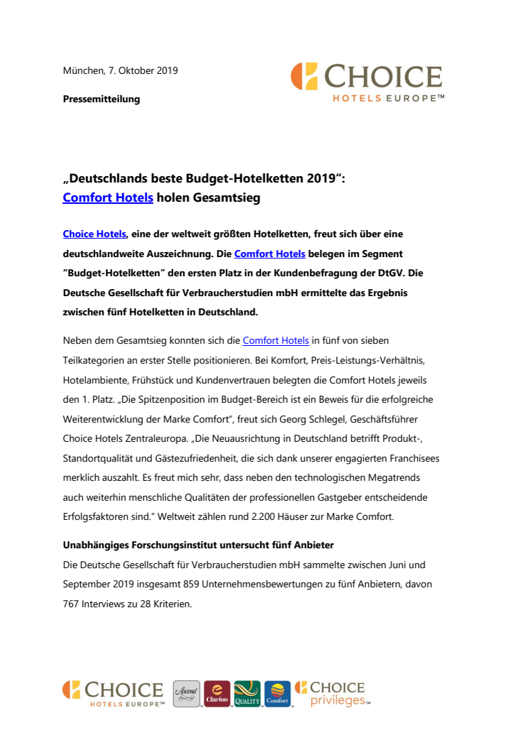 „Deutschlands beste Budget-Hotelketten 2019“:  Comfort Hotels holen Gesamtsieg