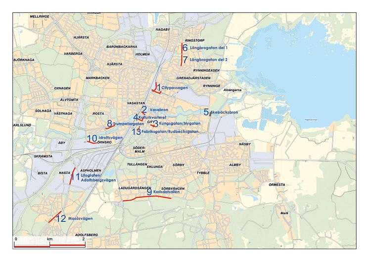 Karta över de 13 största vägarbetena i Örebro 2018.