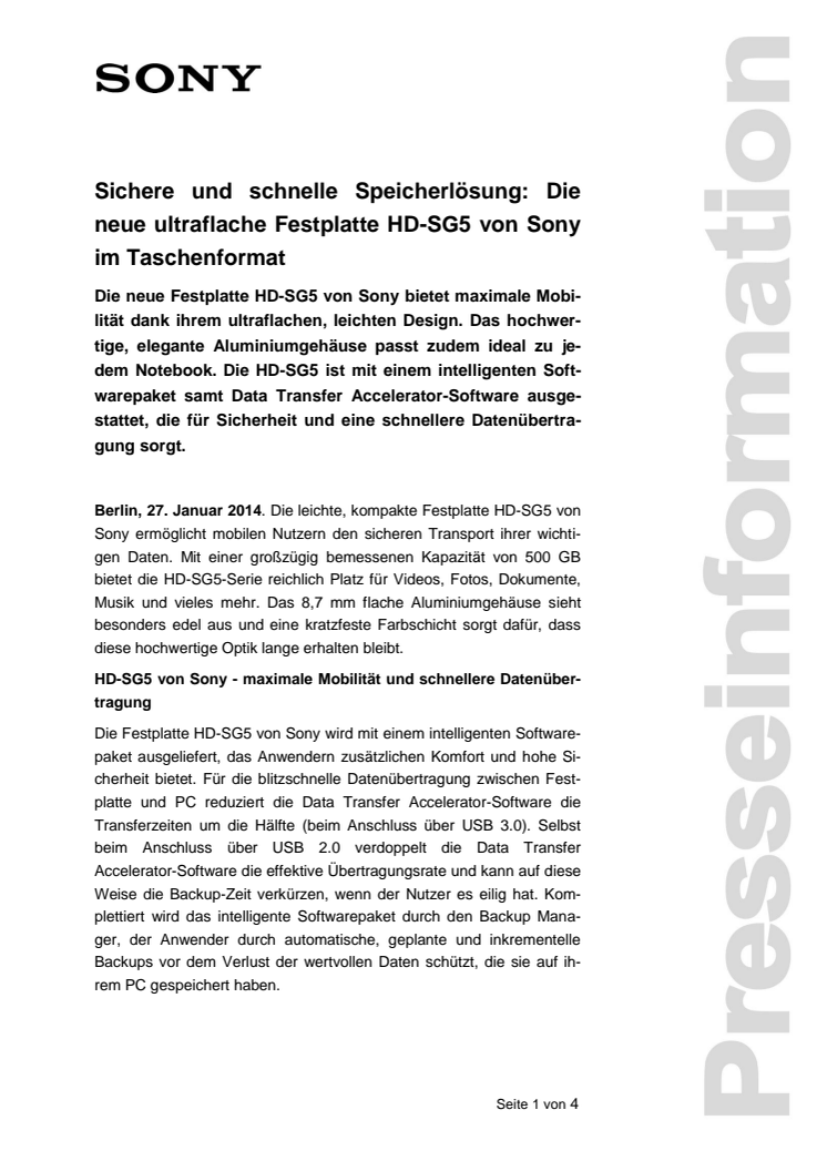Sichere und schnelle Speicherlösung: Die neue ultraflache Festplatte HD-SG5 von Sony im Taschenformat