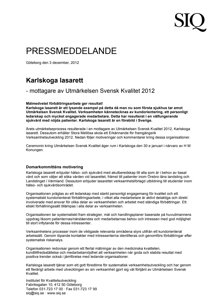 Mottagare av Utmärkelsen Svensk Kvalitet 2012