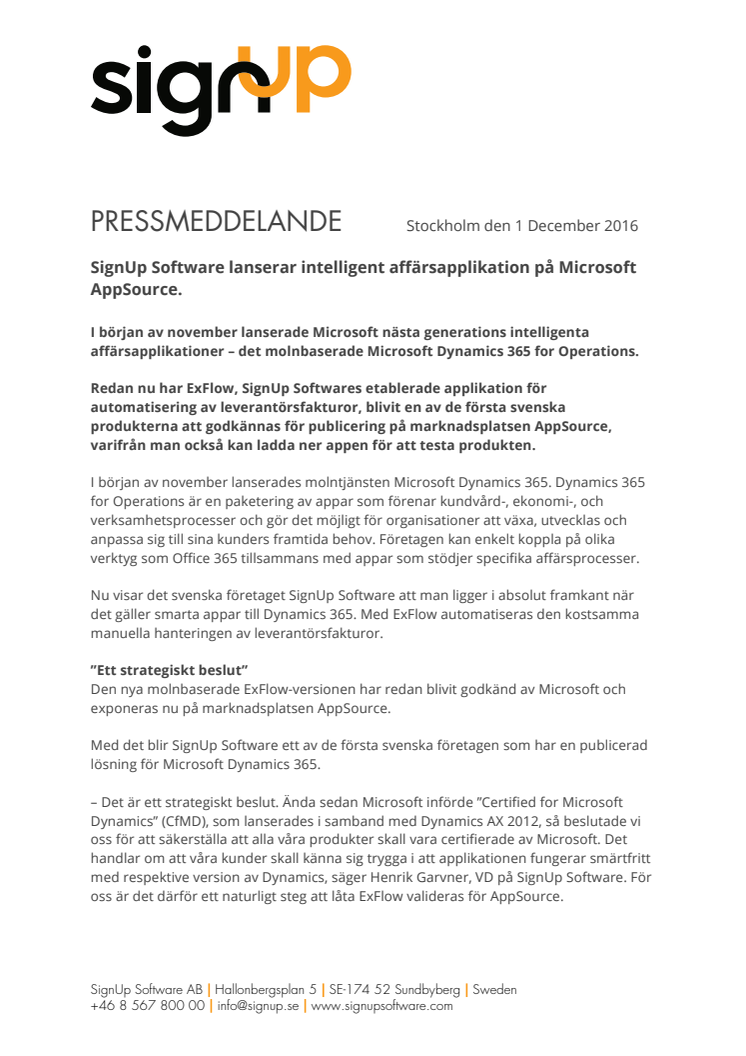 Pressmeddelande - SignUp Software lanserar intelligent affärsapplikation på Microsoft AppSource