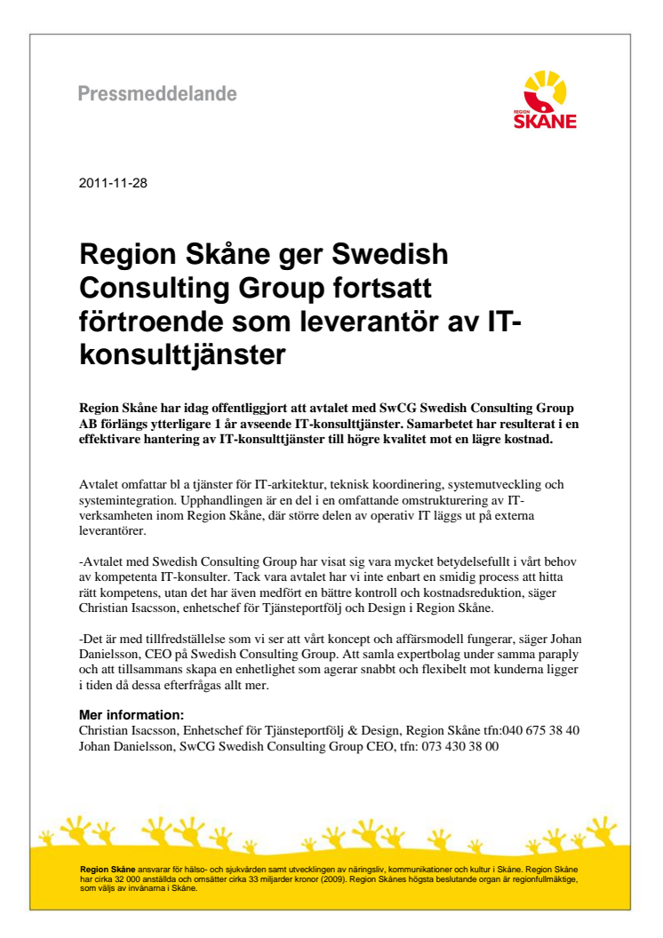 Region Skåne ger Swedish Consulting Group fortsatt förtroende som leverantör av IT-konsulttjänster
