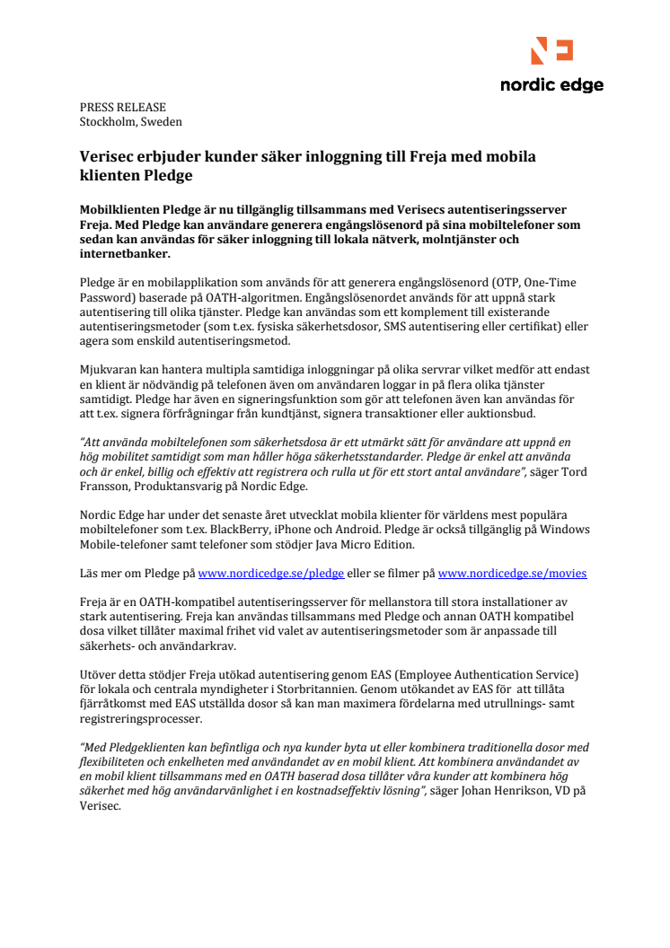 Verisec erbjuder kunder säker inloggning till Freja med mobila klienten Pledge