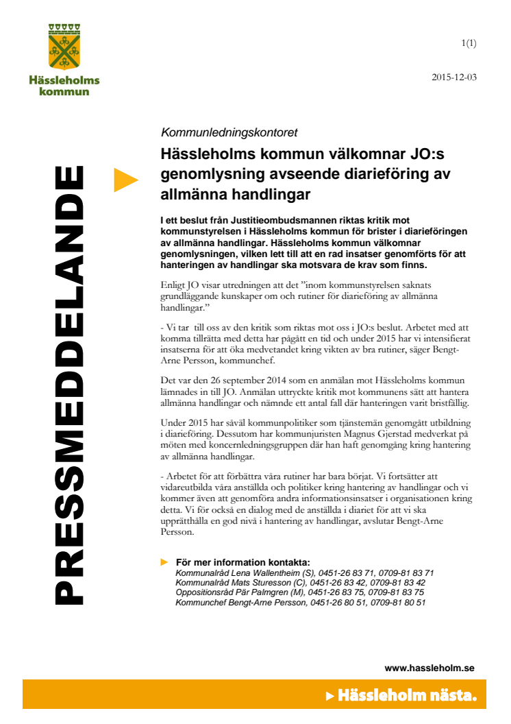 Hässleholms kommun välkomnar JO:s genomlysning avseende diarieföring av allmänna handlingar