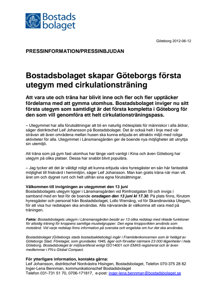 Bostadsbolaget skapar Göteborgs första utegym med cirkulationsträning 