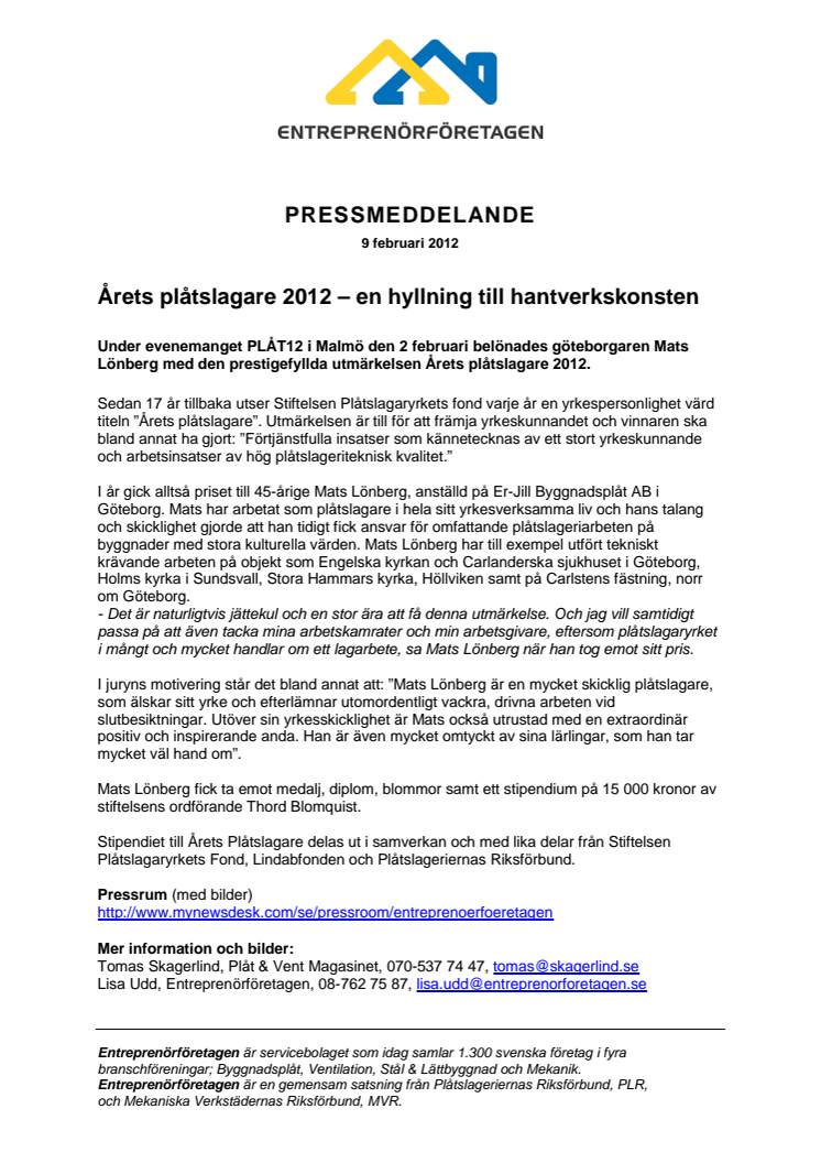 Årets plåtslagare 2012 – en hyllning till hantverkskonsten