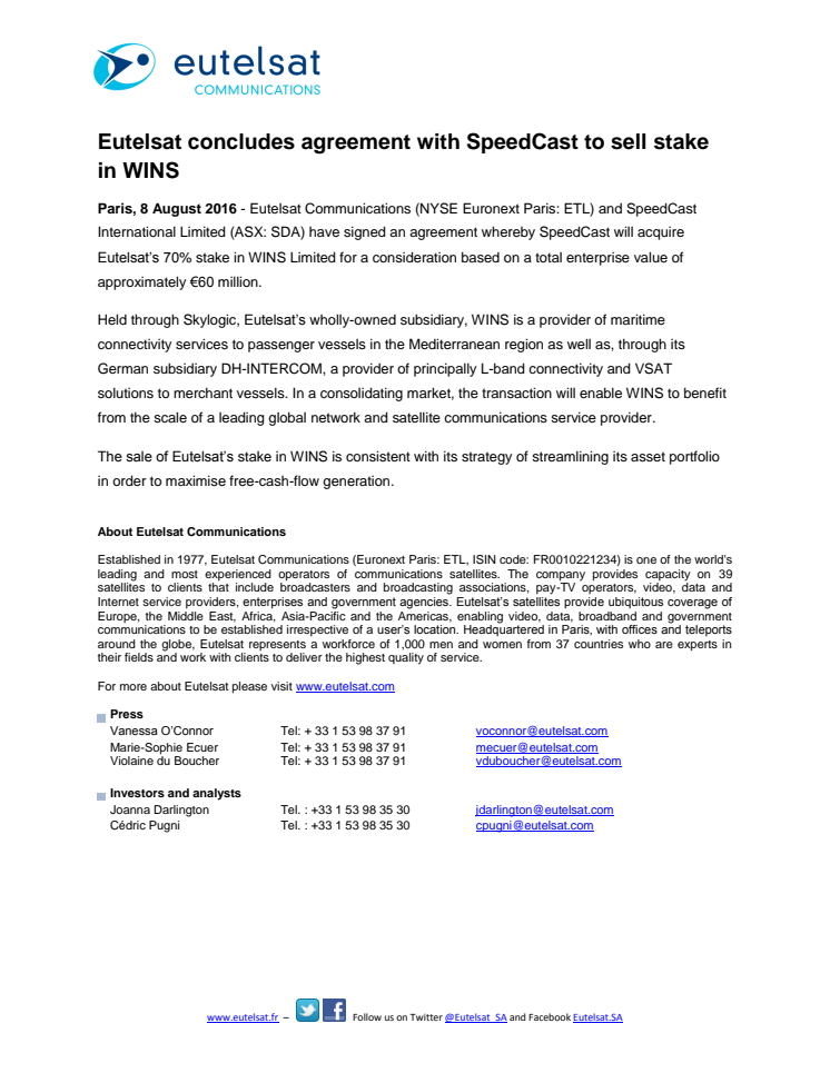 Eutelsat concludes agreement with SpeedCast to sell stake in WINS