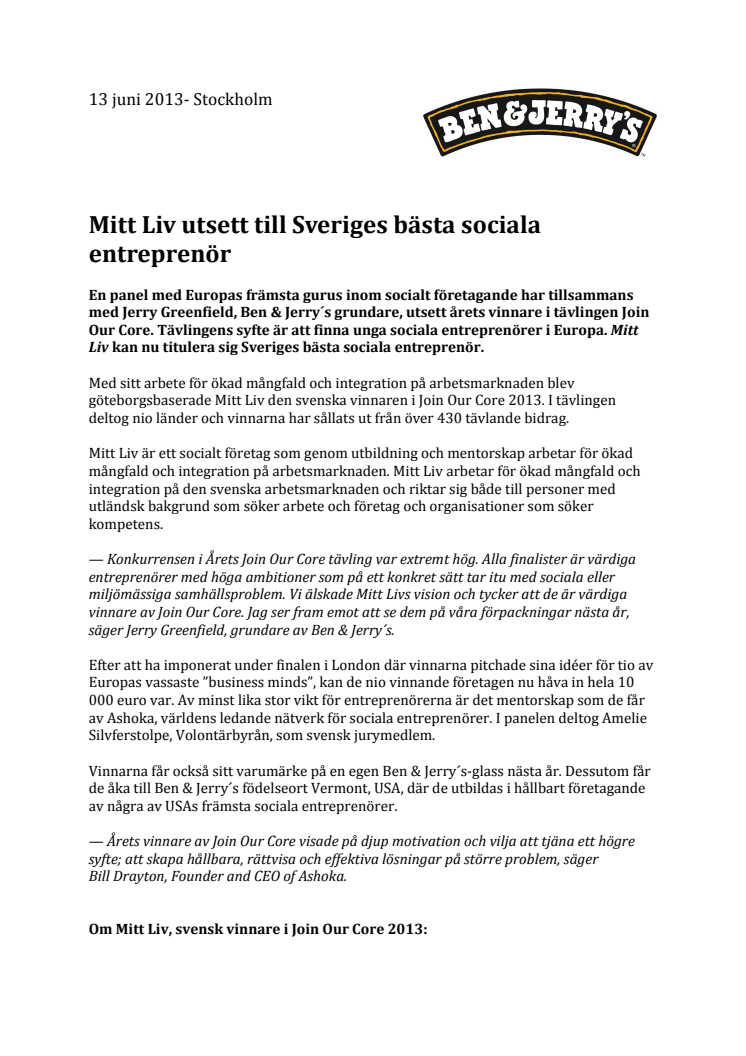 Mitt Liv utsett till Sveriges bästa sociala entreprenör