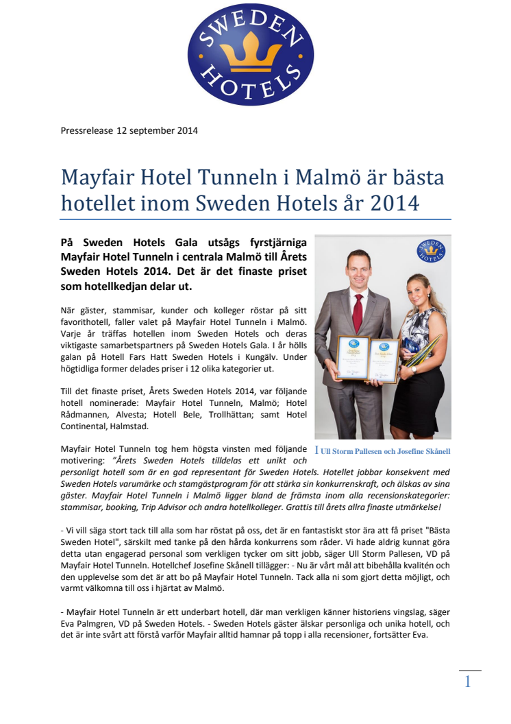 Mayfair Hotel Tunneln i Malmö är bästa hotellet inom Sweden Hotels år 2014