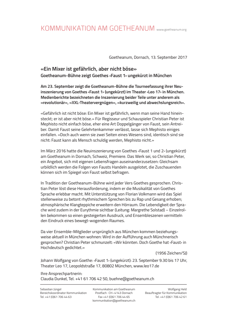 «Ein Mixer ist gefährlich, aber nicht böse». Goetheanum-Bühne zeigt Goethes ‹Faust 1› ungekürzt in München