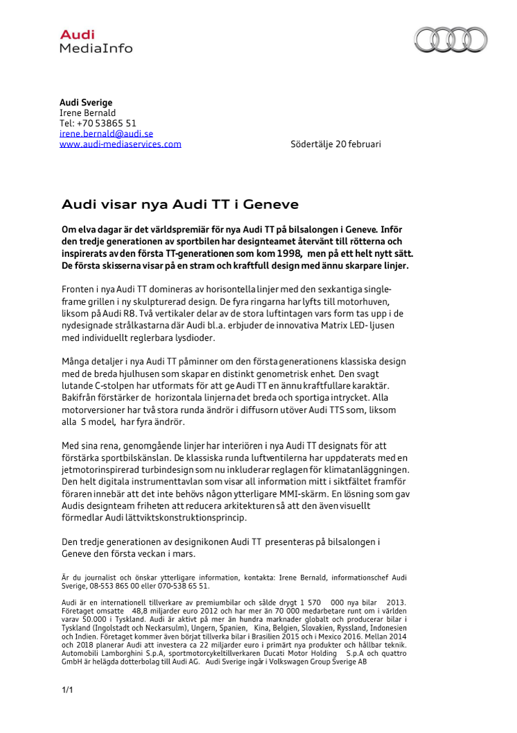 Audi visar nya Audi TT i Geneve