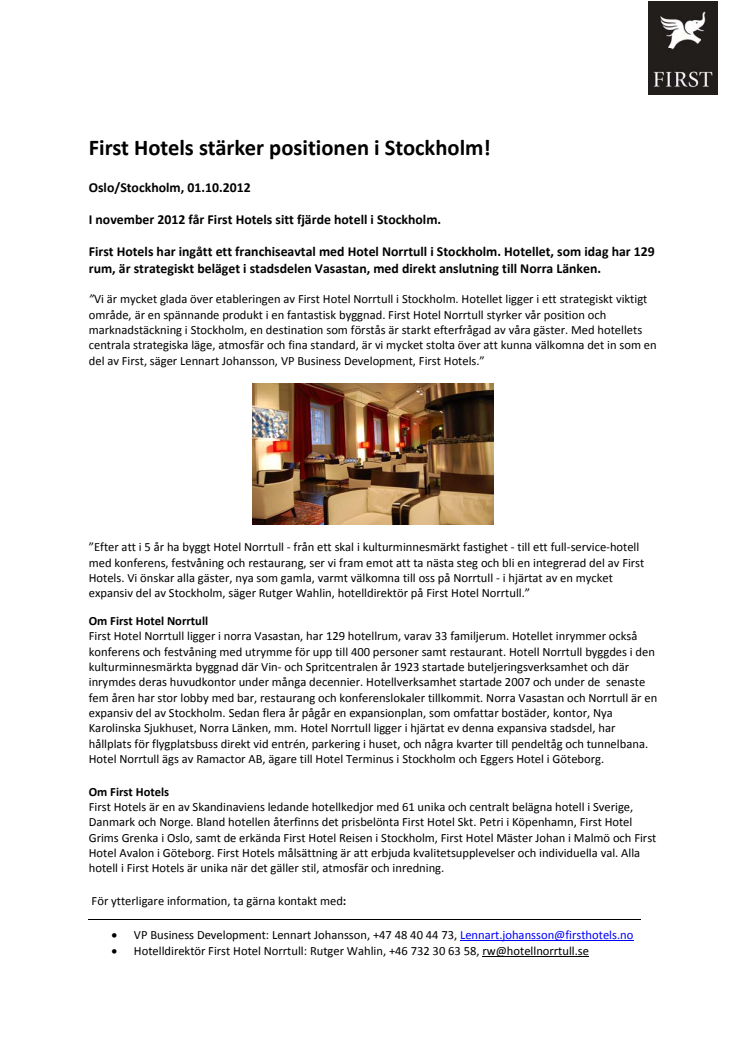 First Hotels stärker positionen i Stockholm!