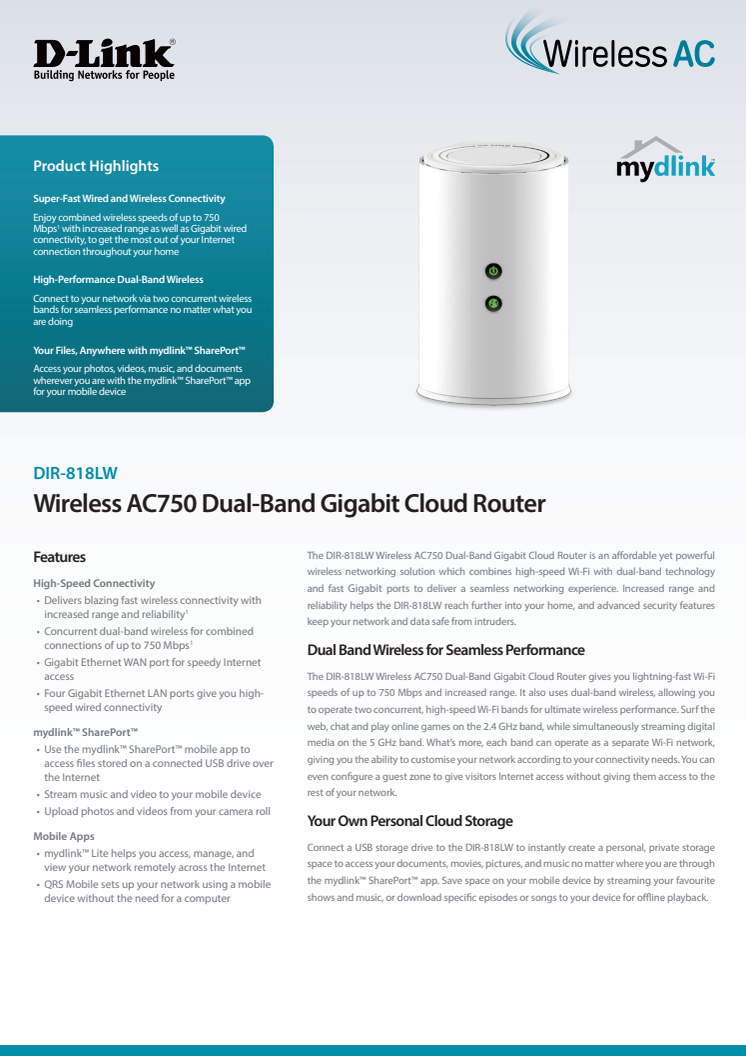 Produktblad, D-Link Wireless AC750 Dual Band Gigabit Cloud Router (DIR-818LW) 