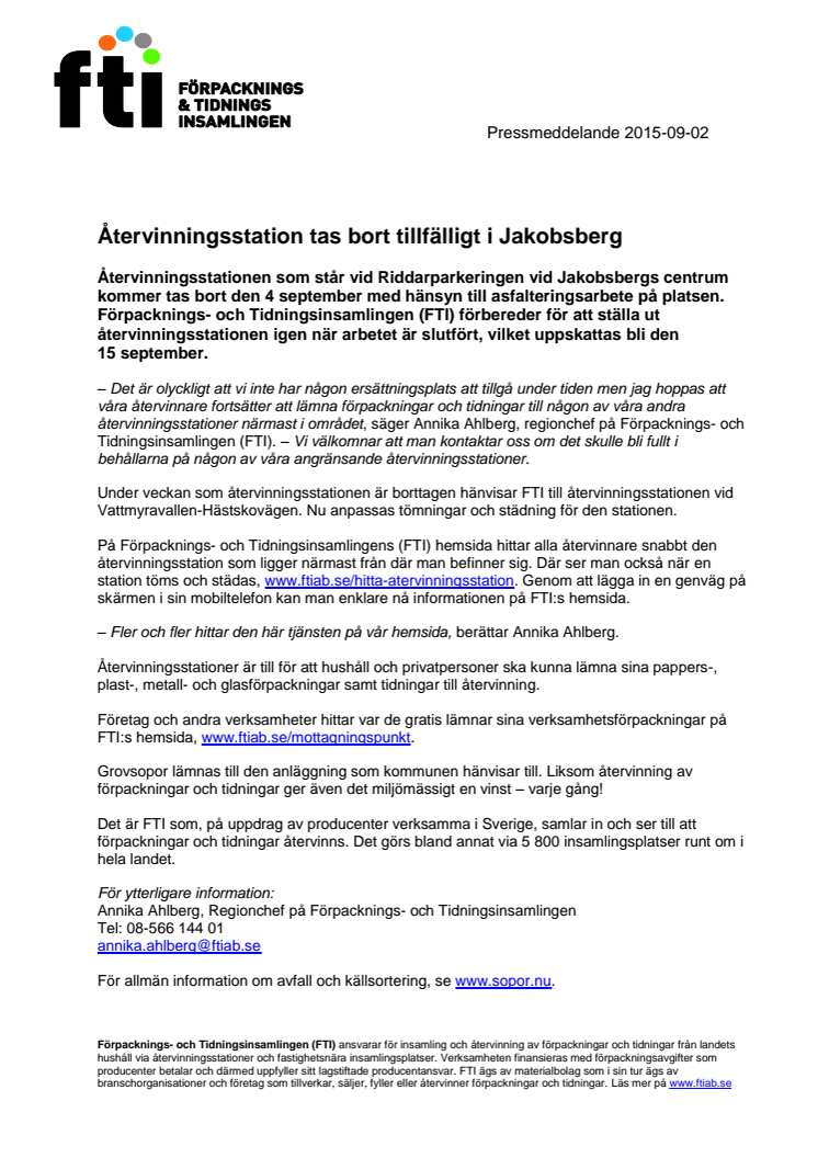 Återvinningsstation tas bort tillfälligt i Jakobsberg
