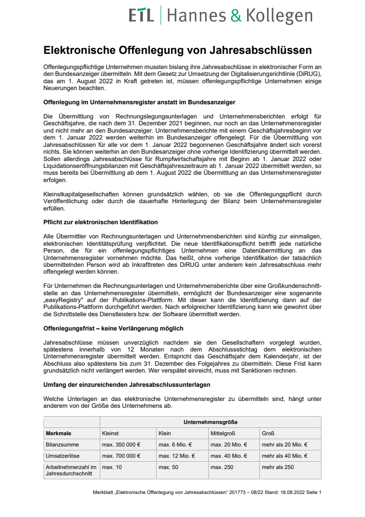 Merkblatt Elektronische Offenlegung von Jahresabschlüssen