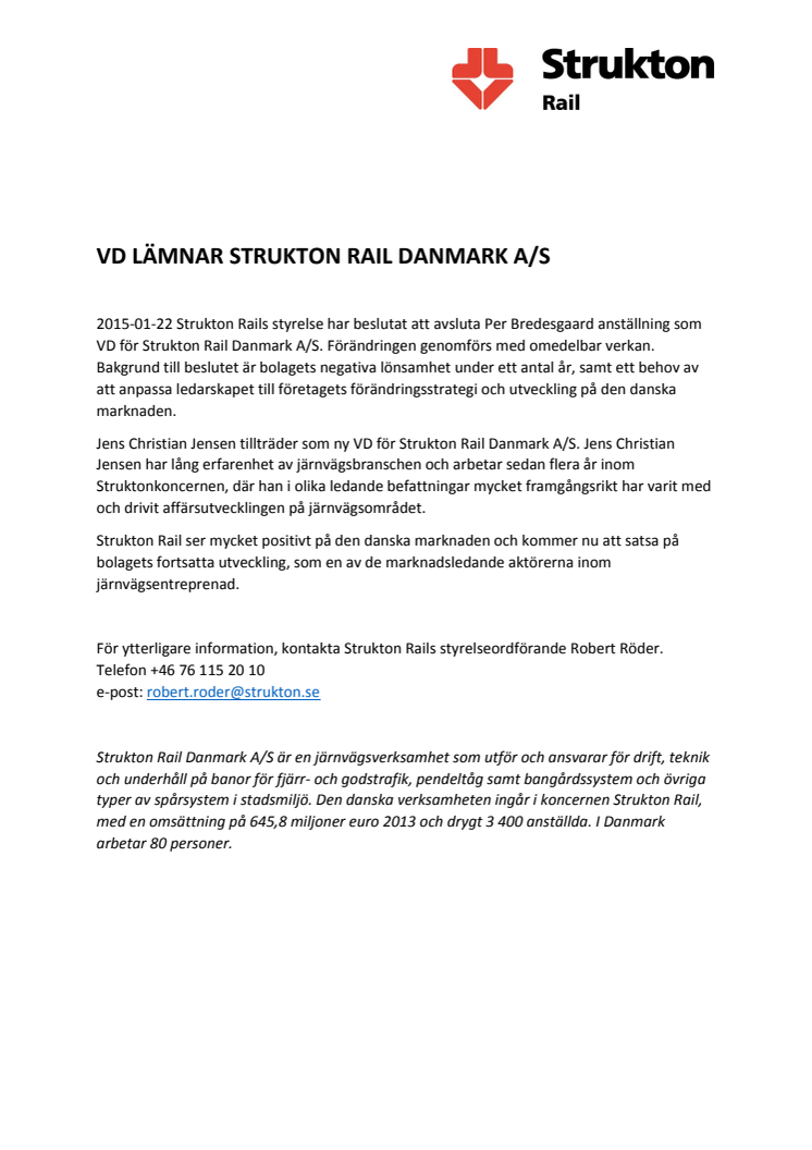 VD LÄMNAR STRUKTON RAIL DANMARK A/S