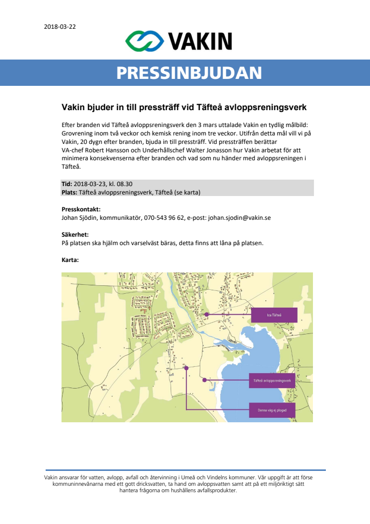 Vakin bjuder in till pressträff vid Täfteå avloppsreningsverk
